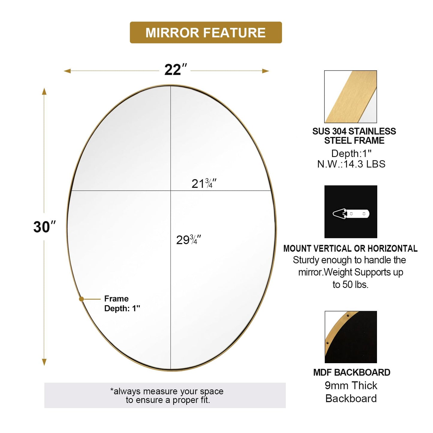 ANDY STAR Gold Oval Mirrors for Bathroom, 22x30 Inch Brushed Gold Stainless Steel Metal Framed Oval Wall Mirror, Modern Vanity Mirror Wall Mount Horizontal or Vertical