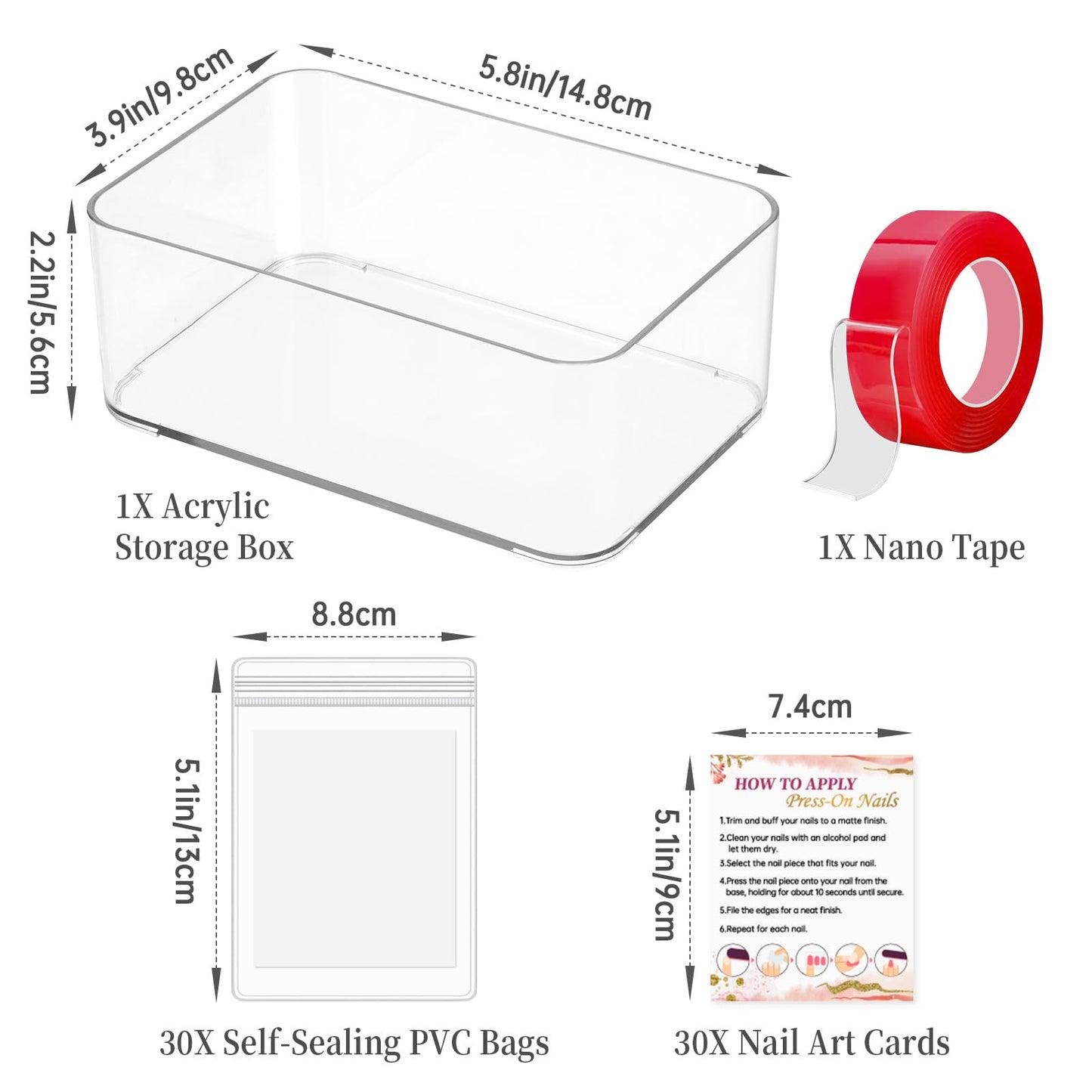 Aphlos Press On Nail Storage Set,30 PVC Ziplock Bags, 30 Nail Art Cards, a Roll of Transparent Double-Sided Tape and an Acrylic Storage Box