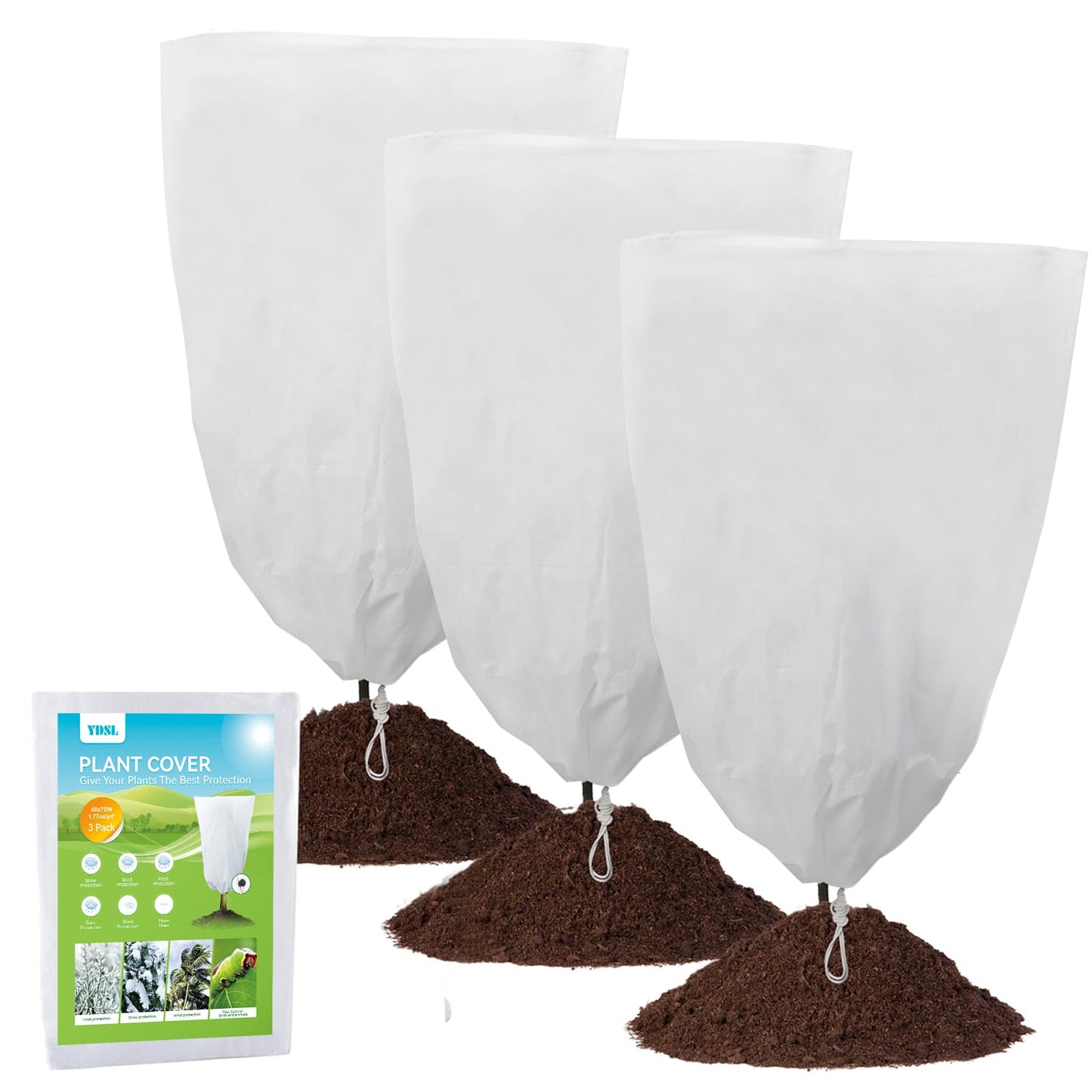 YDSL 3 Pack Plant Covers Freeze Protection, 48"×72" 1.77oz/yd² Plant Frost Covers for Outdoor Plants Shrub Potted Plants Use, Winter Cloth Plant Tree Cover with Drawstring for Cold Weather