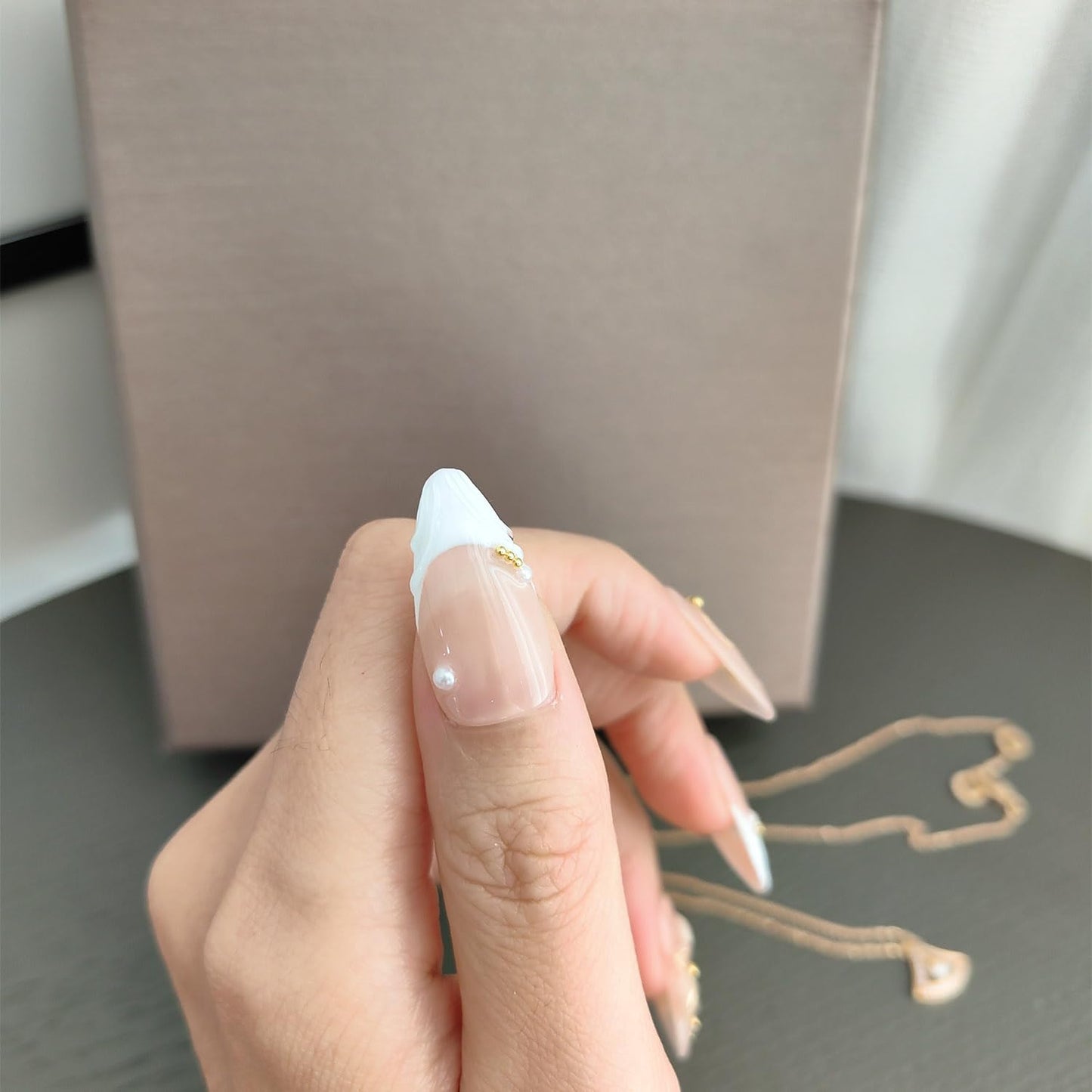 10Pcs Medium Almond Handmade Press On Nails | Easy Apply & Remove, Reusable Salon Quality Nails | Elegant Nude Fake Nails with 3D Floral, Wave French Tip & Pearl Gold Bead Accents(5U13, M)