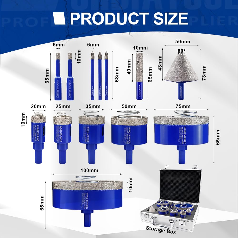 SHDIATOOL Diamond Drill Core Bits Kits, Hole Saw Sets with Triangle Shank for Drilling Porcelain Tile Marble Ceramic Granite on Drill Machine 13pcs（6/6/20/25/35/50/75/100MM/2/10MM/6/6/6mm）