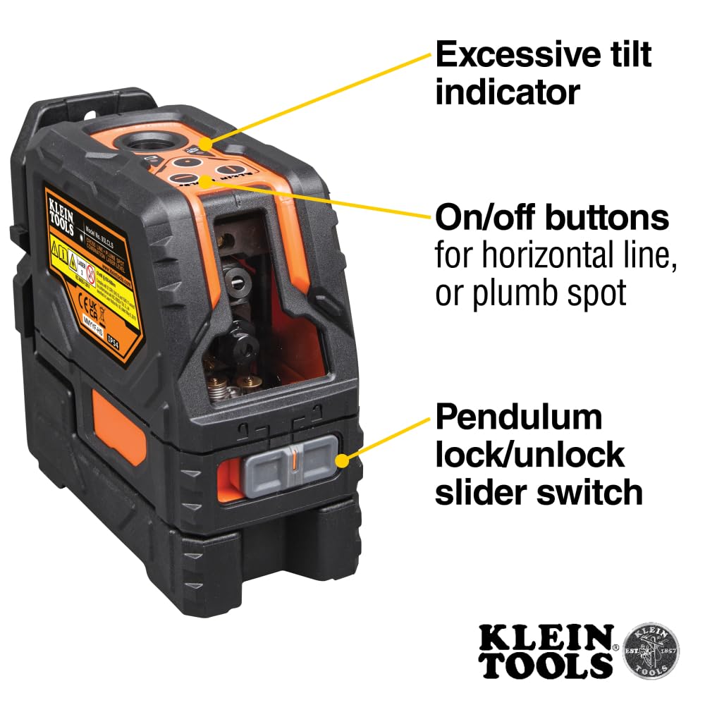Klein Tools 93LCLS Self-Leveling Class II (≤ 1mW) Laser Level with Bright Red Cross Lines and Plumb Spot, Magnetic and Ceiling Clamp Mounting