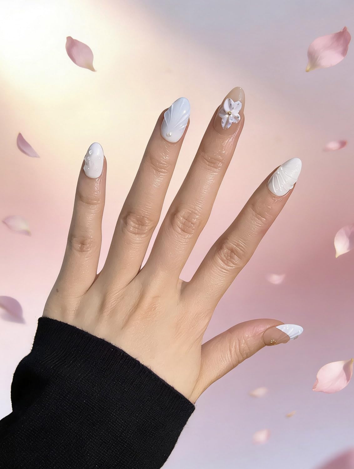 10 Short Almond Handmade Press On Nails | French design with 3D Floral and Seashell | Skip Salon Trips, Easy to Apply & Remove, Reusable (251208, XS)