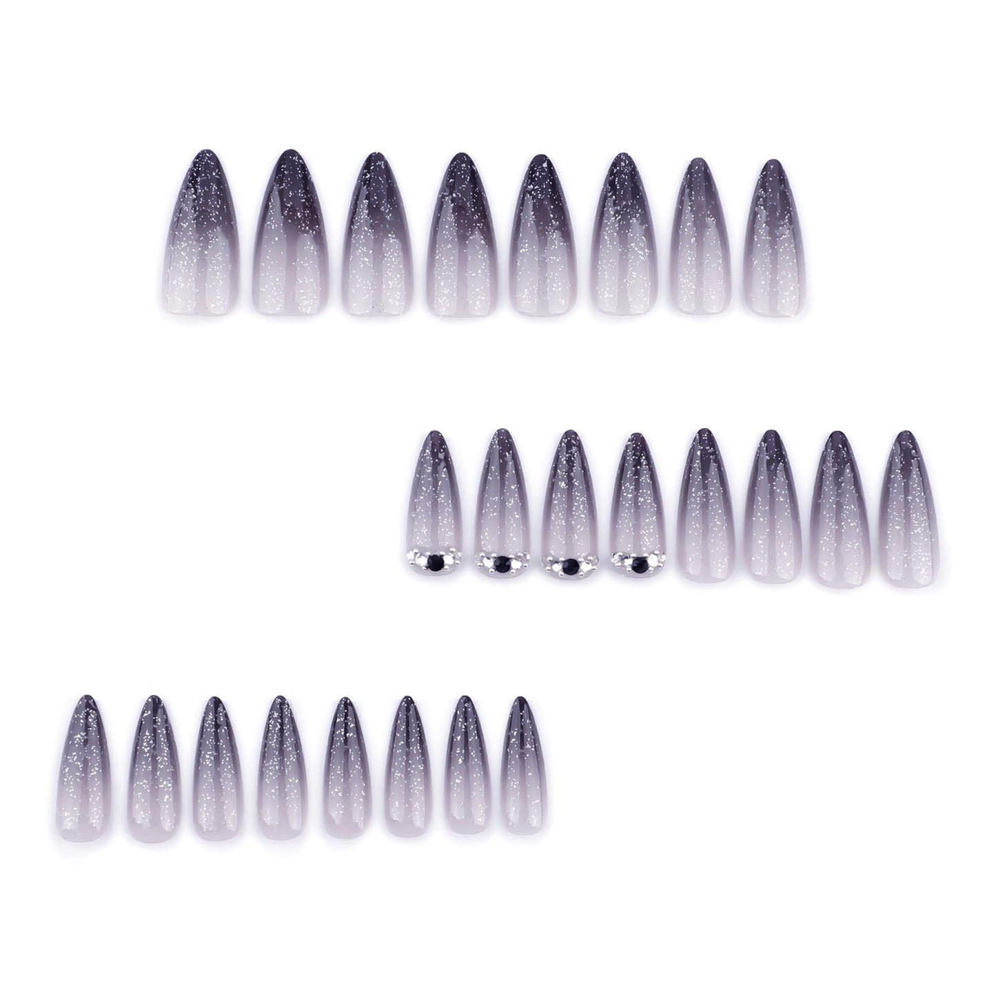 MISUD Press on Nails - Long Stiletto Fake Nails with Goth Black Ombre, Acrylic Bling Glitter Design 24 pcs