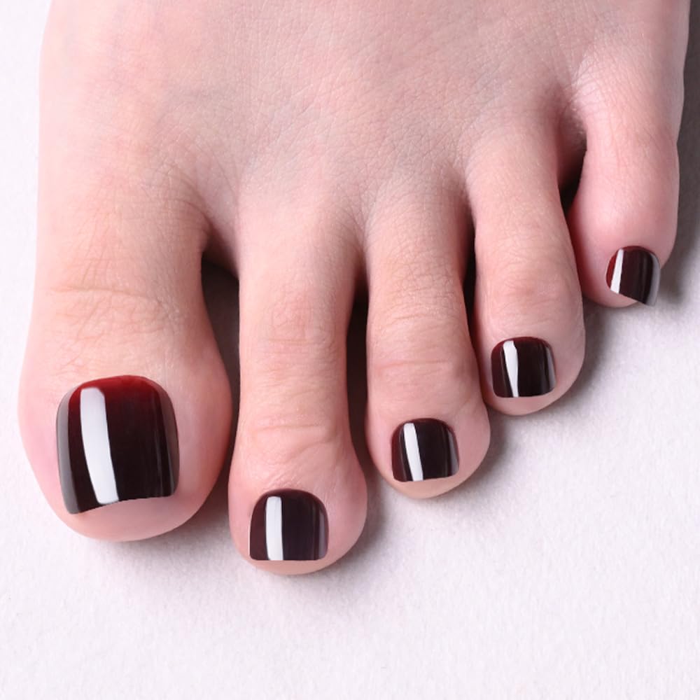 evpct Red Black Ombre Press on Toenails Square for Women Gift,Glossy Square Fake Stick Press on Toe Nails, Soft Stick on Toenail Set with Kit, Lightweight Perfectly Fit Full Cover Fake Toenails 32Pcs