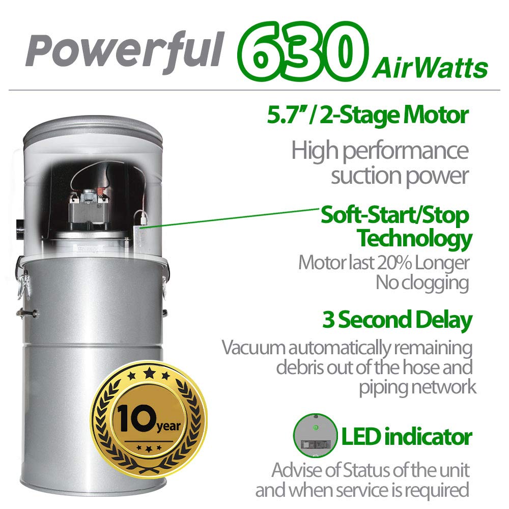OVO Large and Powerful Central Vacuum System, Hybrid Filtration (with or Without Disposable Bags), 25L or 6.6 Gal, 630 Airwatts + 30 ft Premium Deluxe Accessory Kit