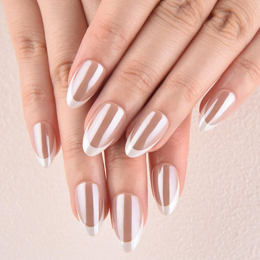 evpct French Tip Press On Nails Short Almond, Nude Brown + Wihte Tips, Chrome Glazed Glossy Short Almond Fake False Press on Nails, Reusable Gel Stick on nail Press ons Nail Kit, Salon Quality