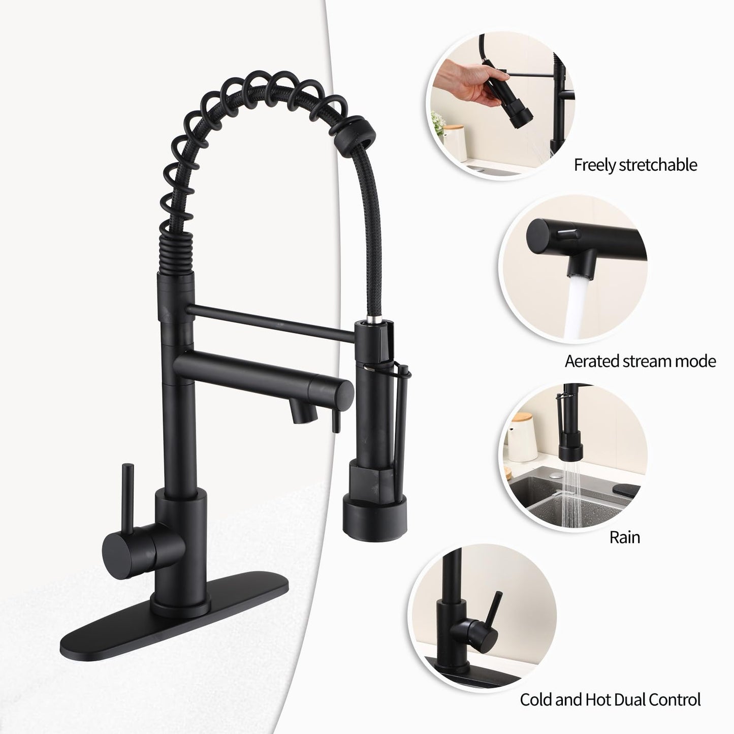 Wicbim Kitchen Sink Faucet with Pull Down Sprayer Contemporary Stainless Steel Single Handle Spring Kitchen Faucets Double-Headed with Deck Plate