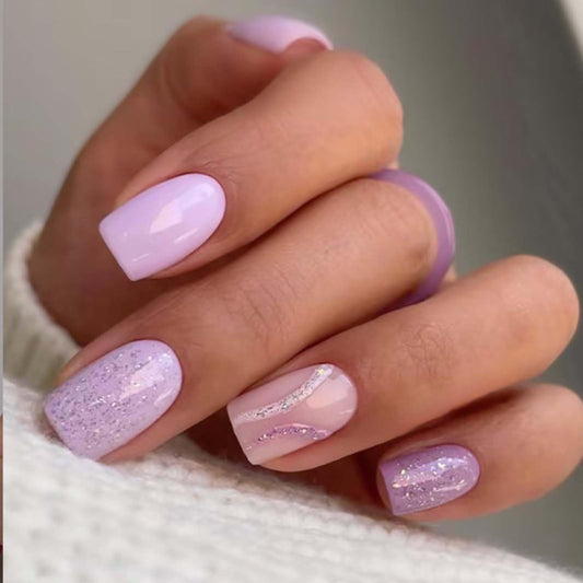 YoYoee Short Square Press on Nails Purple Cute False Nails Acrylic Fake Nails Bling Nails Tips for Women and Girls 24PCS
