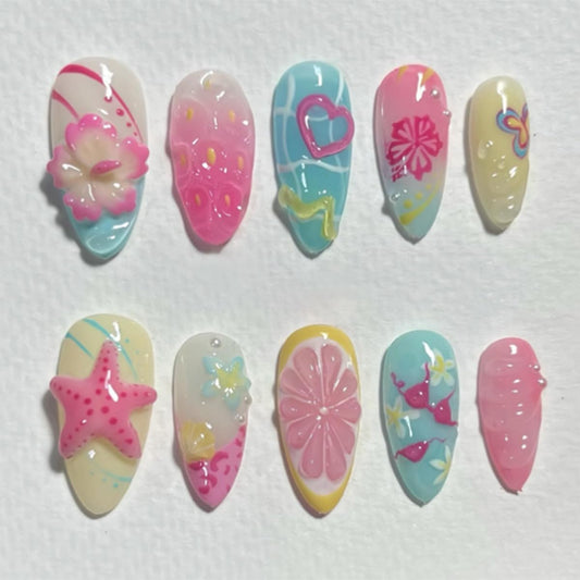 24 Pcs Summer Press on Nails Short Almond,MINGCHUN Ombre French Fake Nails Press ons Acrylic Nail Art Tips Kit Full Cover False Nails Glue on Nails with Flowers Pearl Design for Women Nail Supplies