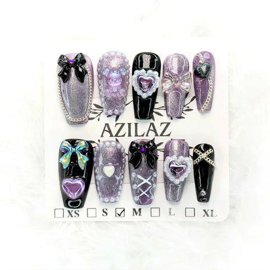 AZILAZ Gothic Lolita Press On Nails, Purple and Black Medium Coffin Shape, Handmade Nail Set, 10-Piece (Small)