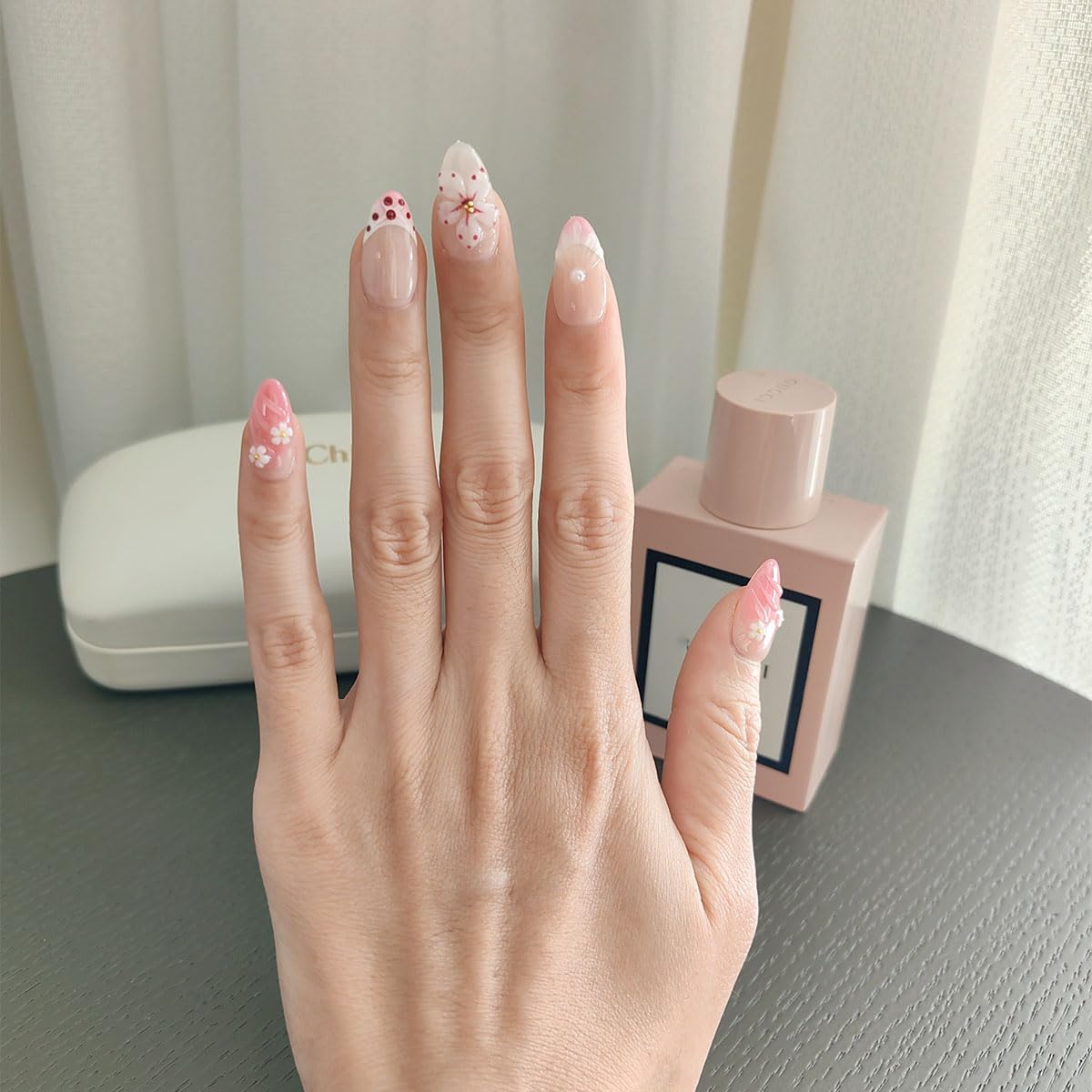 10Pcs Short Almond Handmade Press On Nails | Pink Ombre with Seashell, 3D Floral & Pearl Decor | Reusable Salon-Quality Fake Nails for Women and Girls (PZ01, S)