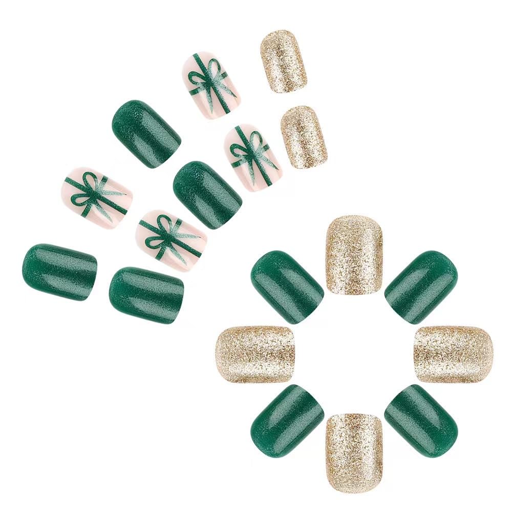 Christmas Green Press on Nails - Short Square Fake Nails with Bow Design - Gold Glitter Full Cover Stick on Nails - for Women 24 Pcs