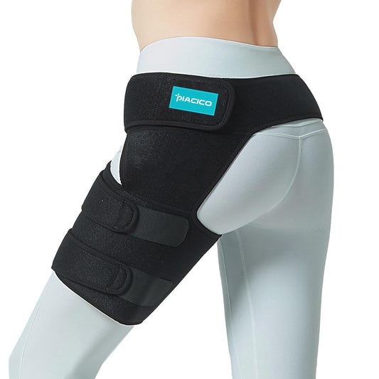 Piacico Hip Brace for Men & Women - Sciatica Pain Relief Devices, Adjustable Compression Support Wrap for Thigh Injury, Groin, Hamstring, Joints, Hip Pain, Improved Mobility & Recovery (Black Left)