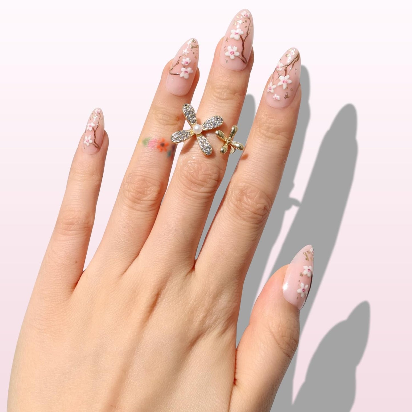 Nail Reformation Press On Nails, Soft Sakura | Floral Medium Almond Fake Nails with Gold Flecks on Sheer Nude Base, Salon Quality, Reusable Stick On Nails in 15 Sizes - 30 Nail Kit, Gifts for Women