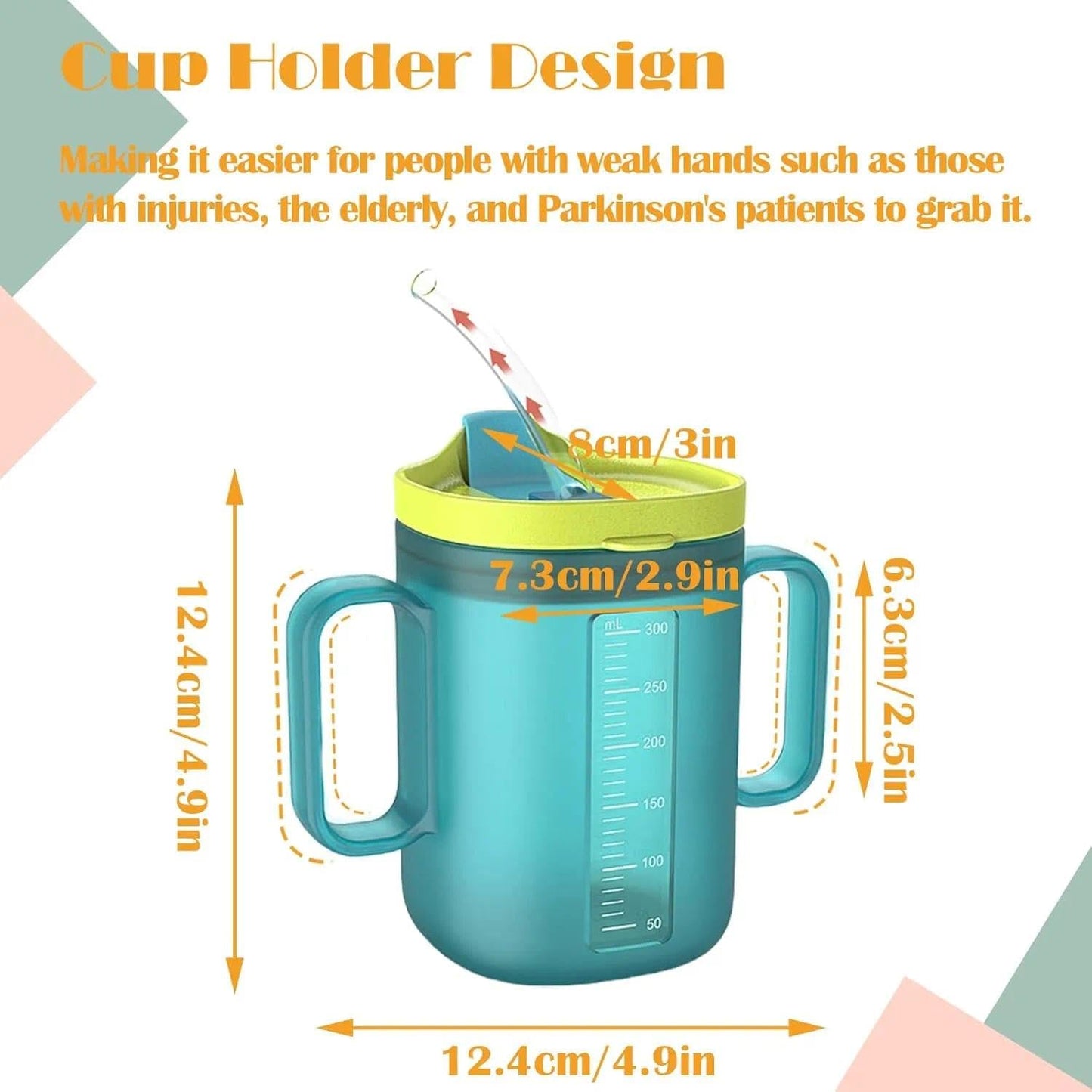 JFGLORIX Spill Proof Sippy Cups for Seniors & Adults -10.2oz(300ml) Non-Spill Cups with 2 Handles & Straw Lid, Elderly Drinking Cups for Patients, Disabled, Pregnant Women, Dishwasher Safe (Orange)
