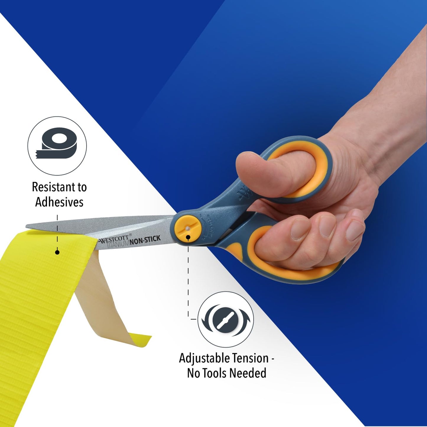 Westcott 8-Inch Non-Stick Titanium Scissors For Office and Home - Glide Adjust Technology - Grey/Yellow Craft, Fabric Scissors - 3 Pack