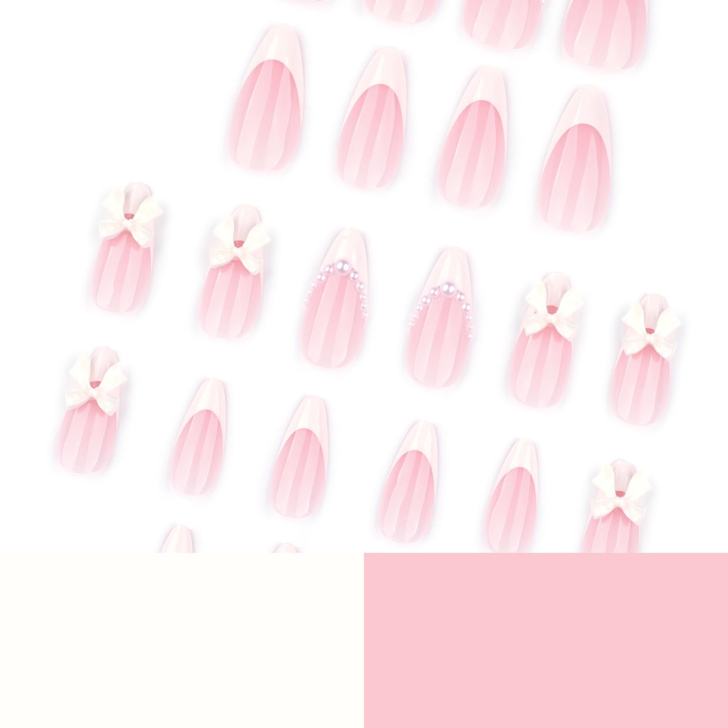 CTTHNBD Press on Nails Almond - White French Tip Fake Nails with Bow Pearl Desgin - Medium False Nails Press ons - for Women 24 Pcs