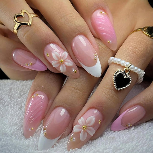 White Frech Tip Press on Nails Medium Almond Fake Nails Press ons with 3D Floral Pearl Design Spring Summer False Nails Nude Pink Reusable Acrylic Stikc on Nails for Women Maicure | 12 Sizes-24 Pcs