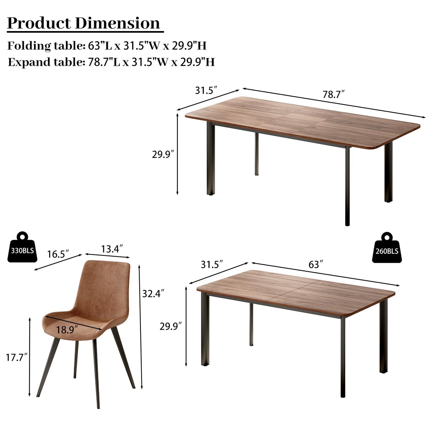 HIPIHOM 63"- 78.7" Extendable Dining Table Set for 6, Modern Kitchen Table with 6 Dining Chairs, Thickened Expandable Wooden Table with Metal Legs for Dining Room, Kitchen
