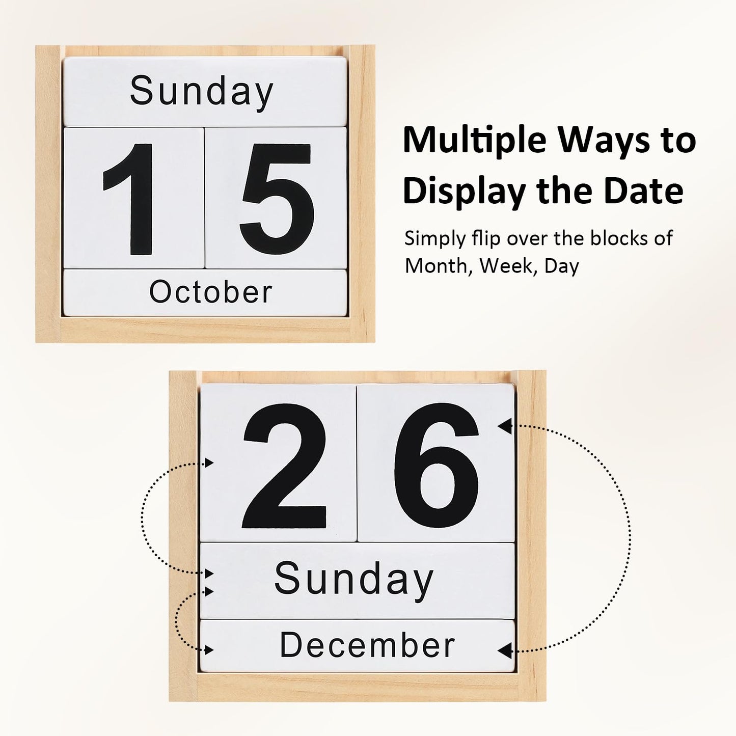DEERINE Wooden Block Calendar for Desk, Daily Desktop Perpetual Desk Calendar, Cute Date Display Blocks Desk Accessory for Home Office Decor, Teacher, Classroom, Reusable Yearly, Wood Grain