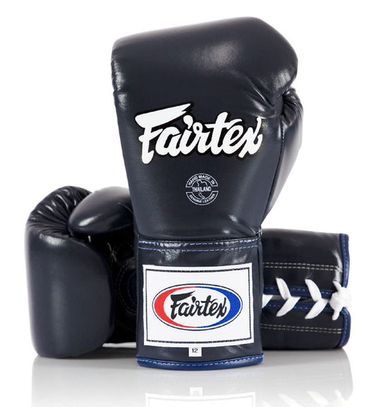 Fairtex BGL6 Handmade Leather Gloves| Optimal fist Closure with a Locked-Thumb Design| Premium Leather |Triple-Layered Foam |Lace-up Closure. Ideal for Boxing, MMA, and Kickboxing.(Blue/10oz)