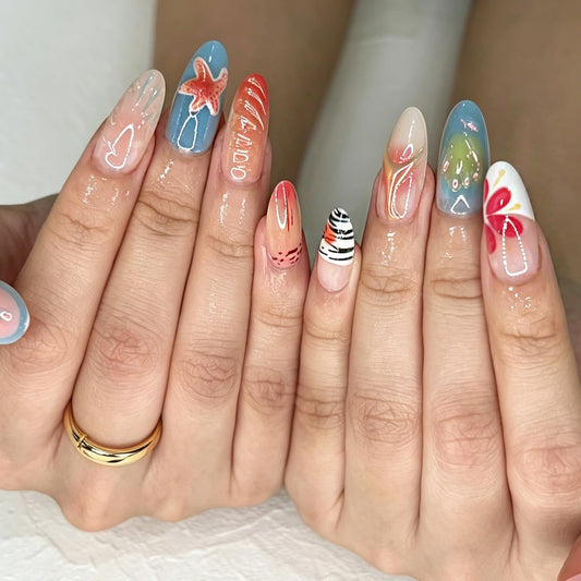 3D Press On Nails Almond Medium French Fake Nails with Cat's Eye Embossed Starfish Pearl Lines Summer Beach Designs, Acrylic Artificial Nail Press ons False Stick On Nails for Women Girls 30Pcs