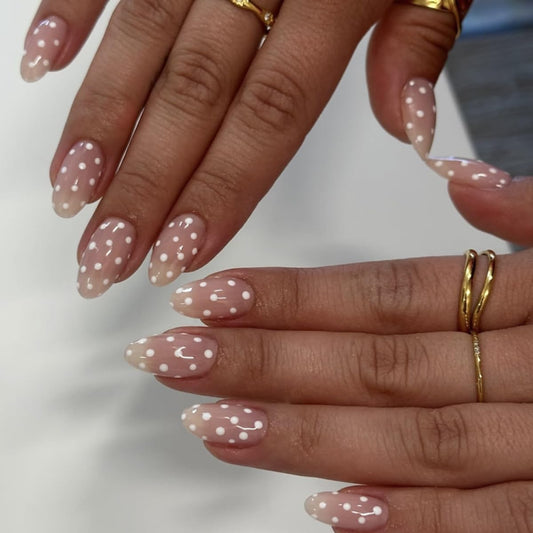 Polka Dot Press on Nails Short Almond Fake Nails Cute False Nails Press ons with White Dots Design Full Cover Stick on Nail for Women Manicure,Glossy | Reusable | Nail Sticky Tab | Easy Apply | 30Pcs