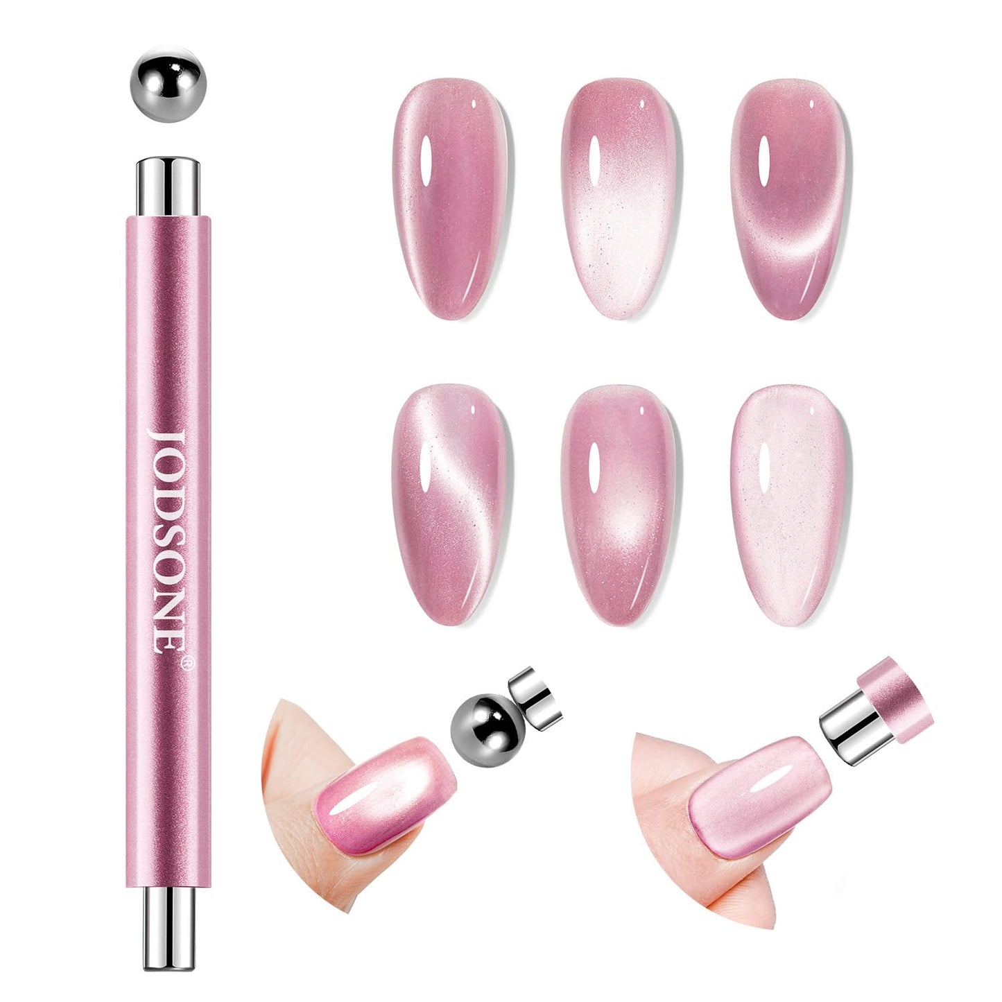 JODSONE 3-in-1 Cat Eye Magnet Nail Art Tool,Pink Gold Cylindrical & Round Ball Nail Magnet Pens, Multi-Effect Magnets for Cat Eye Gel Polish DIY at Home Salon(Magnet Only, No Gel Included)