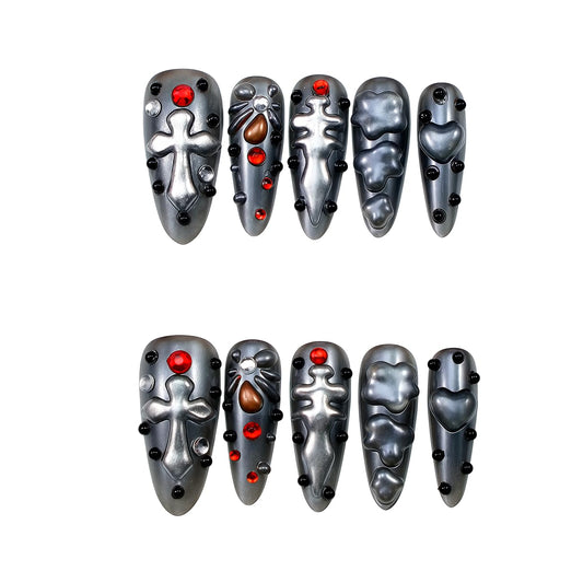 WZHAOJUN Long Stiletto Press On Nails, Gothic Punk Silver Metallic Fake Nails With 3d Cross Heart Charms, Red Black Rhinestone Studs, Handmade Y2k Rock Acrylic False Nails For Women Halloween Nail Art