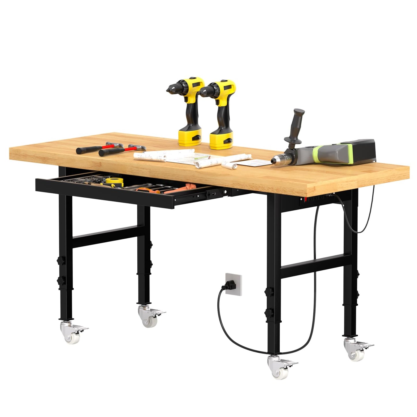 Pelnuies 60" Heavy-Duty Solid Wood Work Bench with Drawers, Adjustable Height Workbench with Wheels, 2000 LBS Capacity Work Table with Power Outlets for Garage, Workshop(60" X 24")