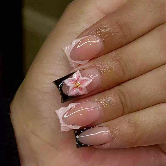 Shell French Tip Press on Nails Square Medium Fake Nails with 3D Flower Rhinestone Spot Design Full Cover Glossy Stick on False Nails for Women 24 Pcs