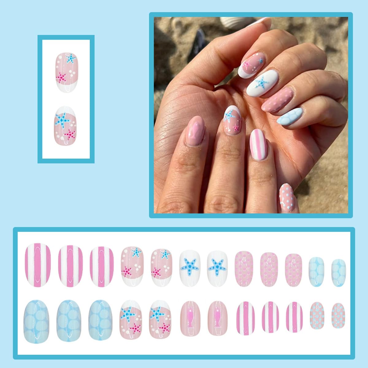 24 Pcs Pink Blue Press on Nails Short Oval WLGDLH French Tip Fake Nails, Summer False Nails Press ons with Polka Dot Starfish Striped Design, Nude Base Glue on Nails for Women Manicure, Glossy Finish