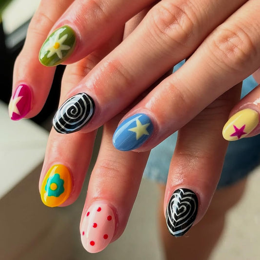 plalely Almond Press on Nails Short Colorful Fake NailY2k Style Daisy Acrylic Nail Press ons Polka dot Stick on Nails for Women 24pcs