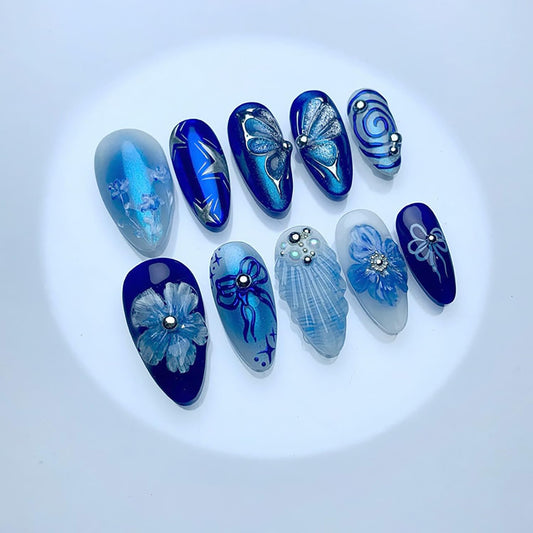 EYZOTSF Press on Almond Nails Medium Length Glossy Full Cover Acrylic Almond Shaped False Nails with Designs Artificial Fake Nail with Charms Glue Stick ons Fingernails for Women Girls(Z1102)