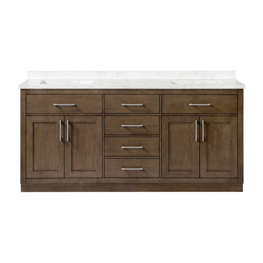 OVE Decors Athea 72" Double Undermount Sink Bathroom Vanity with Cultured Marble Countertop, Backsplash, Power Bar, in Almond Latte Finish