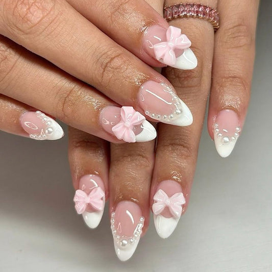 French Tip Press on Nails Short Almond Fake Nails Cute Pink White Nails Press ons with Bow Pearls Design Reusable Artificial Nail Full Cover Stick on Nails for Women Manicure 24Pcs