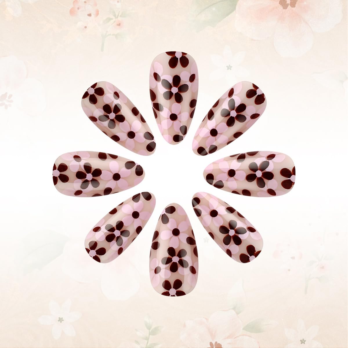 Flower Press on Nails - Short Almond Fake Nails Press ons with Floral Designs, Brown Nails Glossy Acrylic Nails Full Cover Glue on Nails for Women Manicure 24Pcs