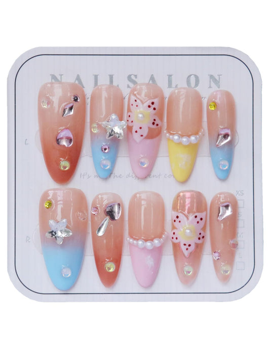 CAMILCY Press on Nails Handmade Nails Luxury Reusable Fake Nails For Girls Long Almond Armor Mixed Color Pink Diamonds Hand Painted Salon Loveful Design Acrylic Gel UV Finished 3D Nails 10PCS(B11, L)