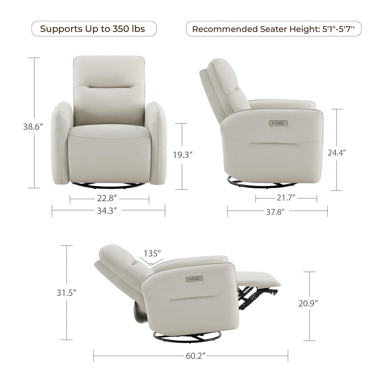 CHITA Faux Leather Power Recliner Chair, Swivel Glider Recliner for Adults, Nursery Rocking Chair with USB & Type-C Charging for Living Room, Bedroom, Creamy Grey