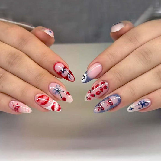 LINMEIZAI 24 Pcs Cute Press on Nails Short Almond French Tip Y2K Fake Nails Press ons Nail Tips Glue on Nails Acrylic Nail Kit with Strawberry Bow Design False Nails Stickers Nail Art for Women