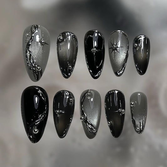 30Pcs Goth Press on Nails Medium Almond Fake Nails 3D Silver Alloy Chrome Star Glitter Design Dark Black Full Cover Glue on Nails Reusable Handmade Y2k False Nails for Women Acrylic Manicure Salon