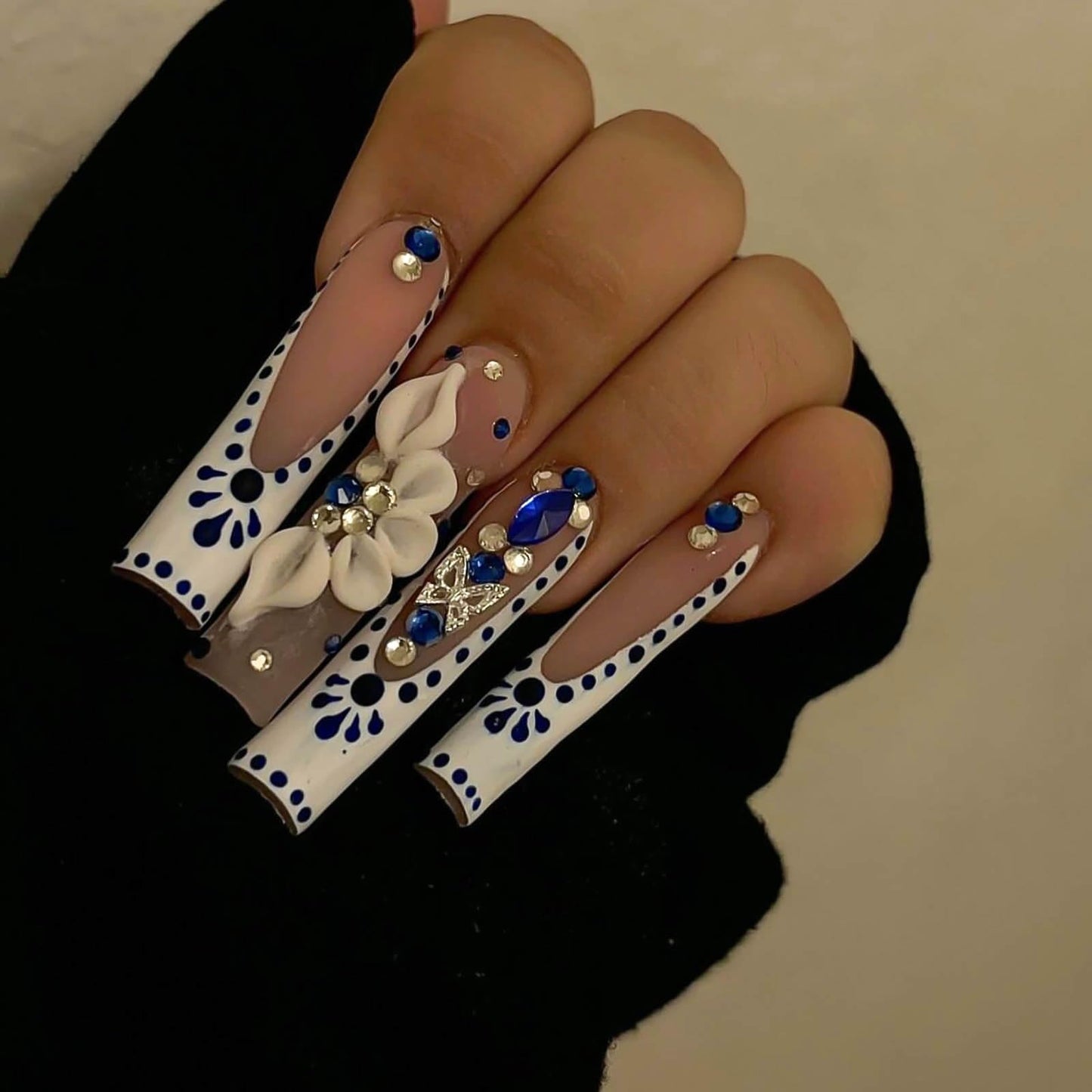 RUOKEXIN Long Nail Press ons Square Press on Nails White French Fake Nails Nude Full Cover False Nails with 3D Flower Butterfly Designs Sparkly Glue on Nails Fall Winter Stick on Nails for Women 24Pcs