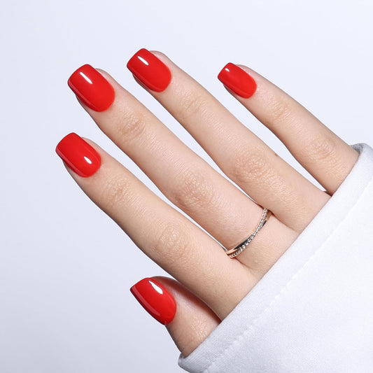 Red Press On Nails - Classic Red Short Square Fake Nails, Square Press On Nails Reusable Stick On Nails in 15 Sizes, 30pcs False Nail Kit for Women & Girls (ClassicRed)