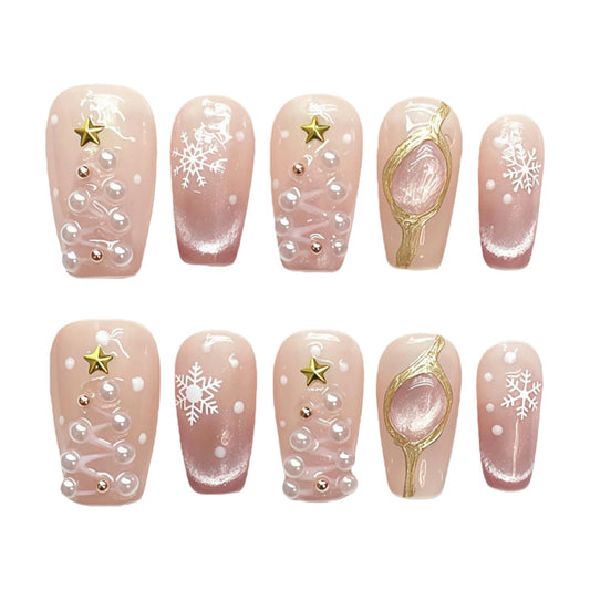 Tesytto Handmade Pink Glitter Press on Nails Short Square - 3D Star Gems & Sparkly Pearl Luxury False Nails (Holiday Opulence-B,M)