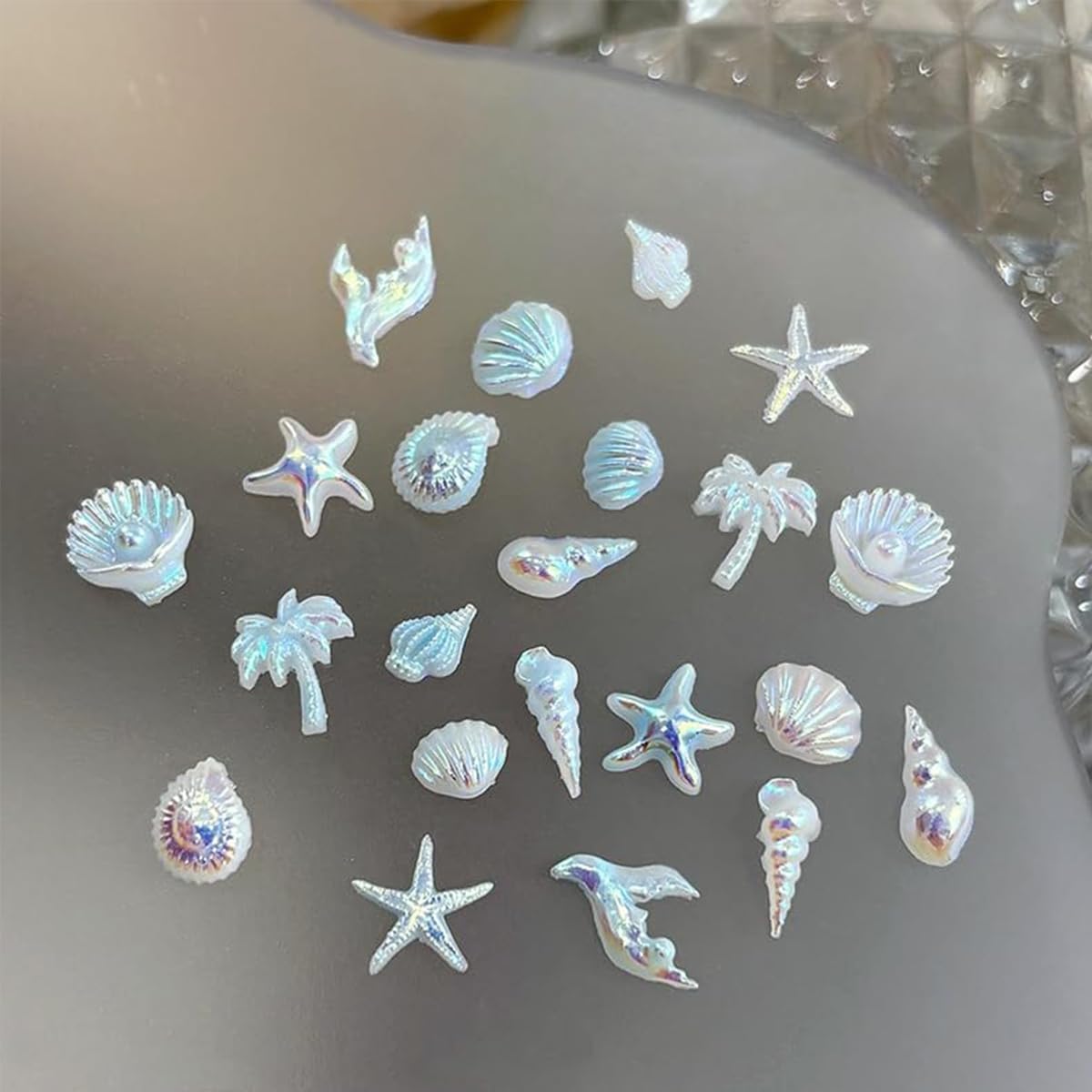 Summer Beach Nail Charms, 3D Seashell Starfish Palm Tree Nail Art Accessories with Full Round Pearl, Ocean Theme Nail Gems Beads, Summer Nail Design for Women Crafts DIY Manicure 2Boxes