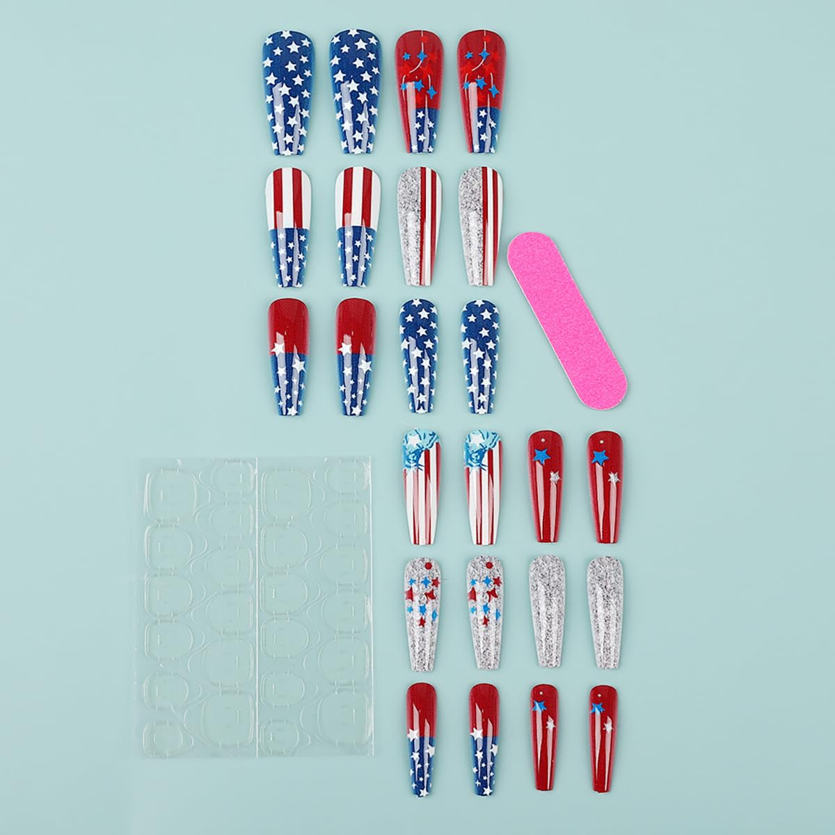 Independence Day Press on Nails Long Square Fake Nails Red Blue Star Stripe Design 4th of July False Nails Glitter Stick on Nail Gradient Glue on Nail for Women Holiday Decoration Art Nail Supplies