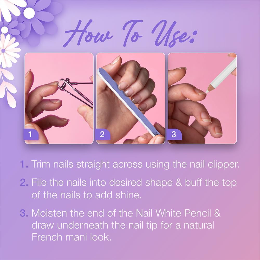 Flowery Natural French Manicure Kit – with Nail Clipper, File, Buff & Shine Block, White Pencil – DIY Home Nail Care Kit for Women and Men