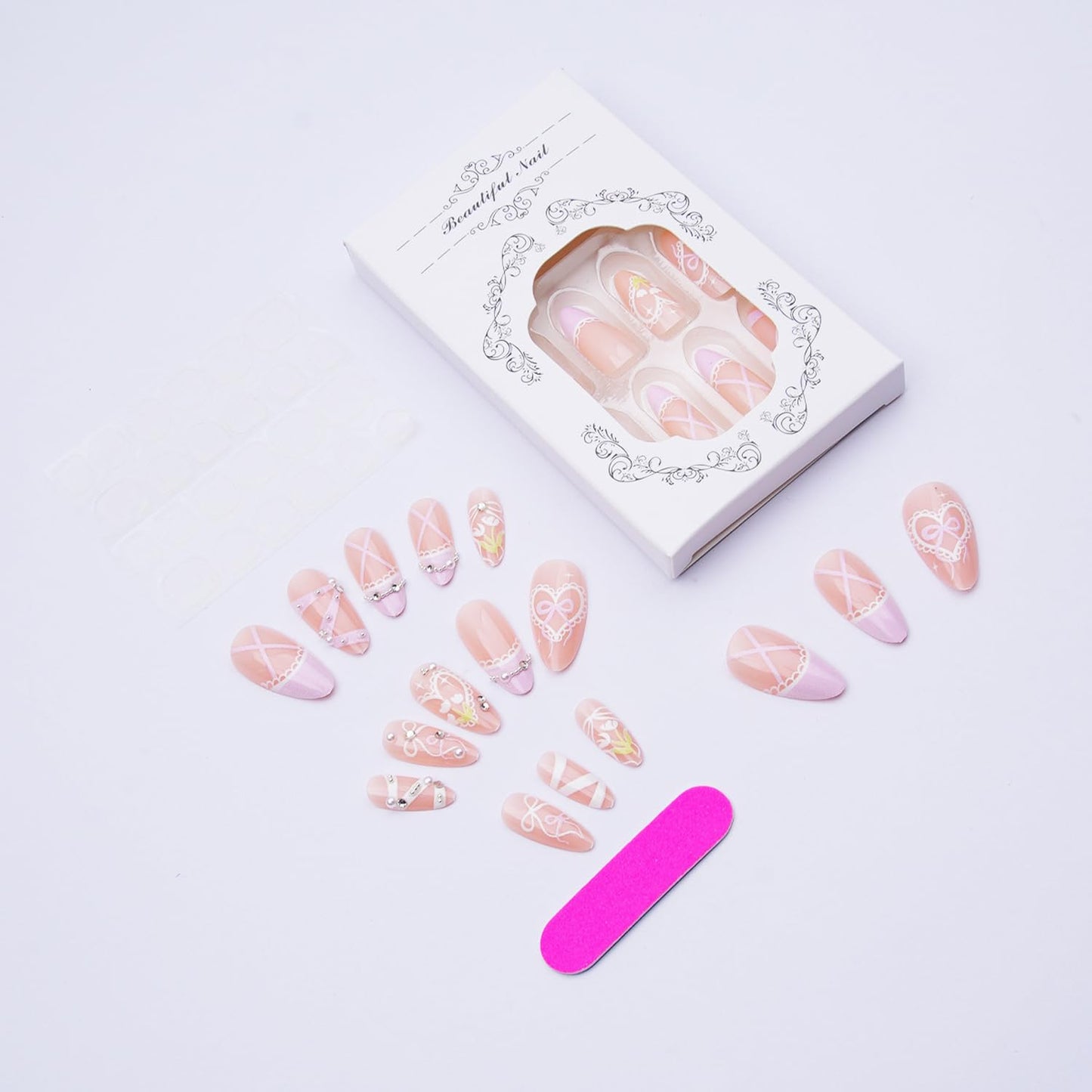 24Pcs French Tip Press on Nails Almond Fake Nails Pink Glossy Bow Designs Full Cover Nude Glue on Nails French Nails Press ons Cute Bow Stick on Nails for Women Medium Manicure Daily Wear