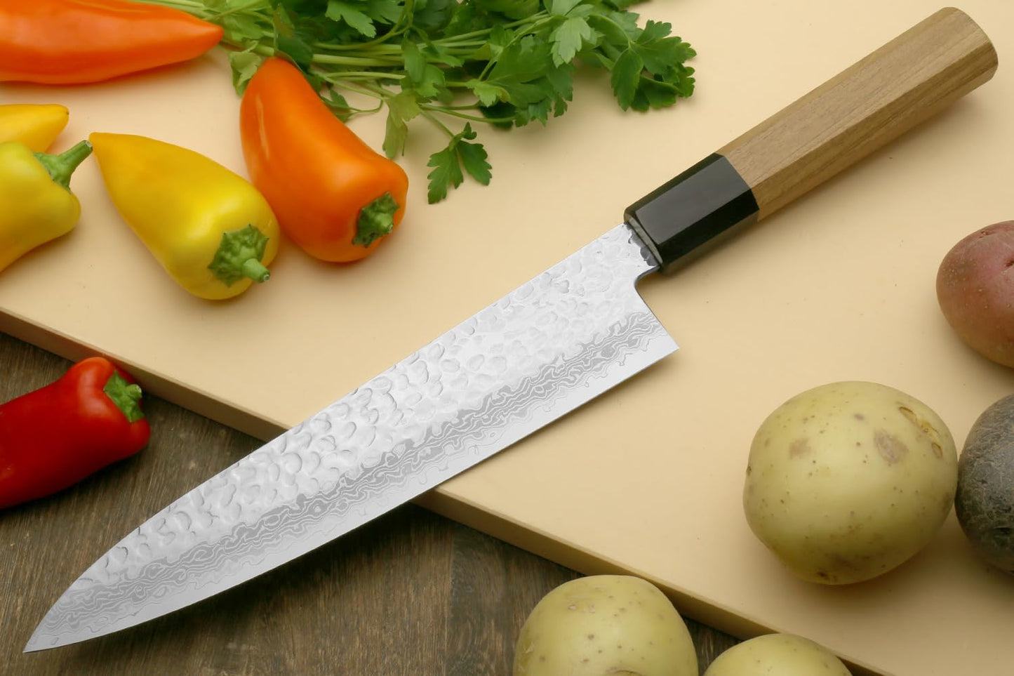 Yoshihiro VG10 46 Layers Hammered Damascus Gyuto Japanese Chefs Knife (Octagonal Ambrosia Handle) (8.25" (210mm)